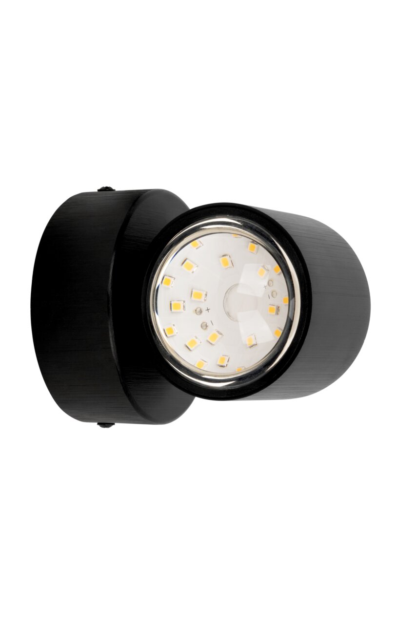 Schwarze LED-Wandleuchte mit rundem Design, frontal abgebildet