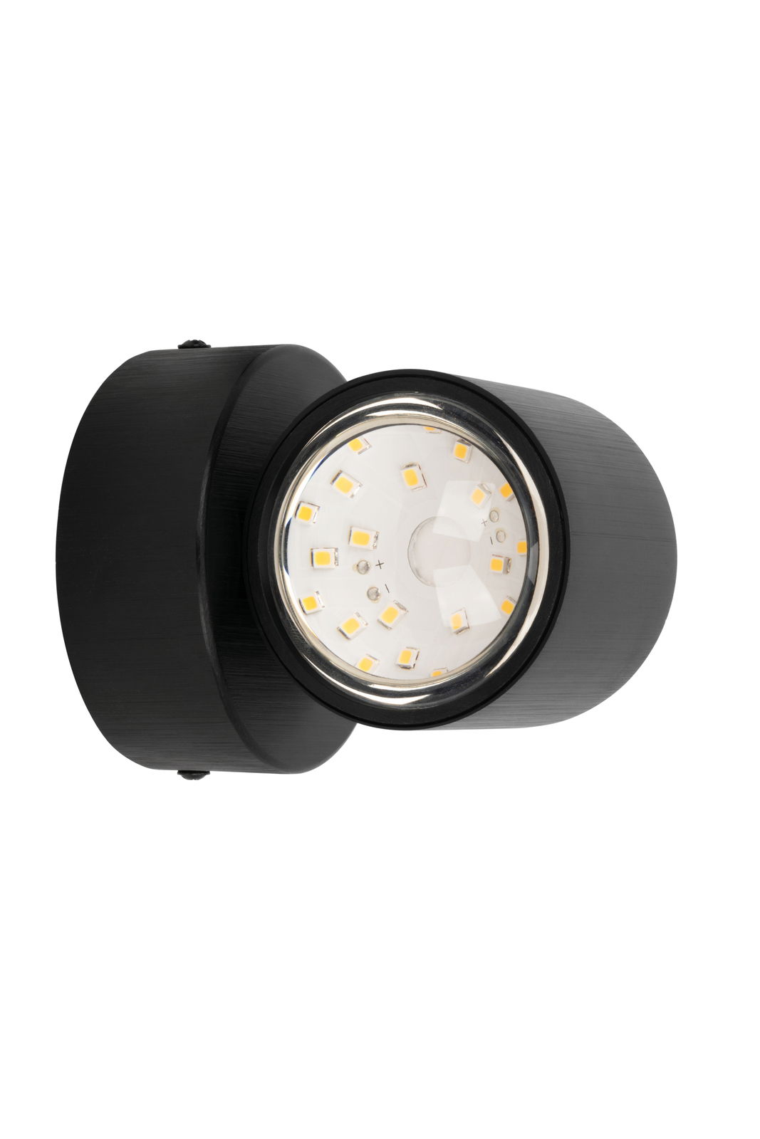 Schwarze LED-Wandleuchte mit rundem Design, frontal abgebildet