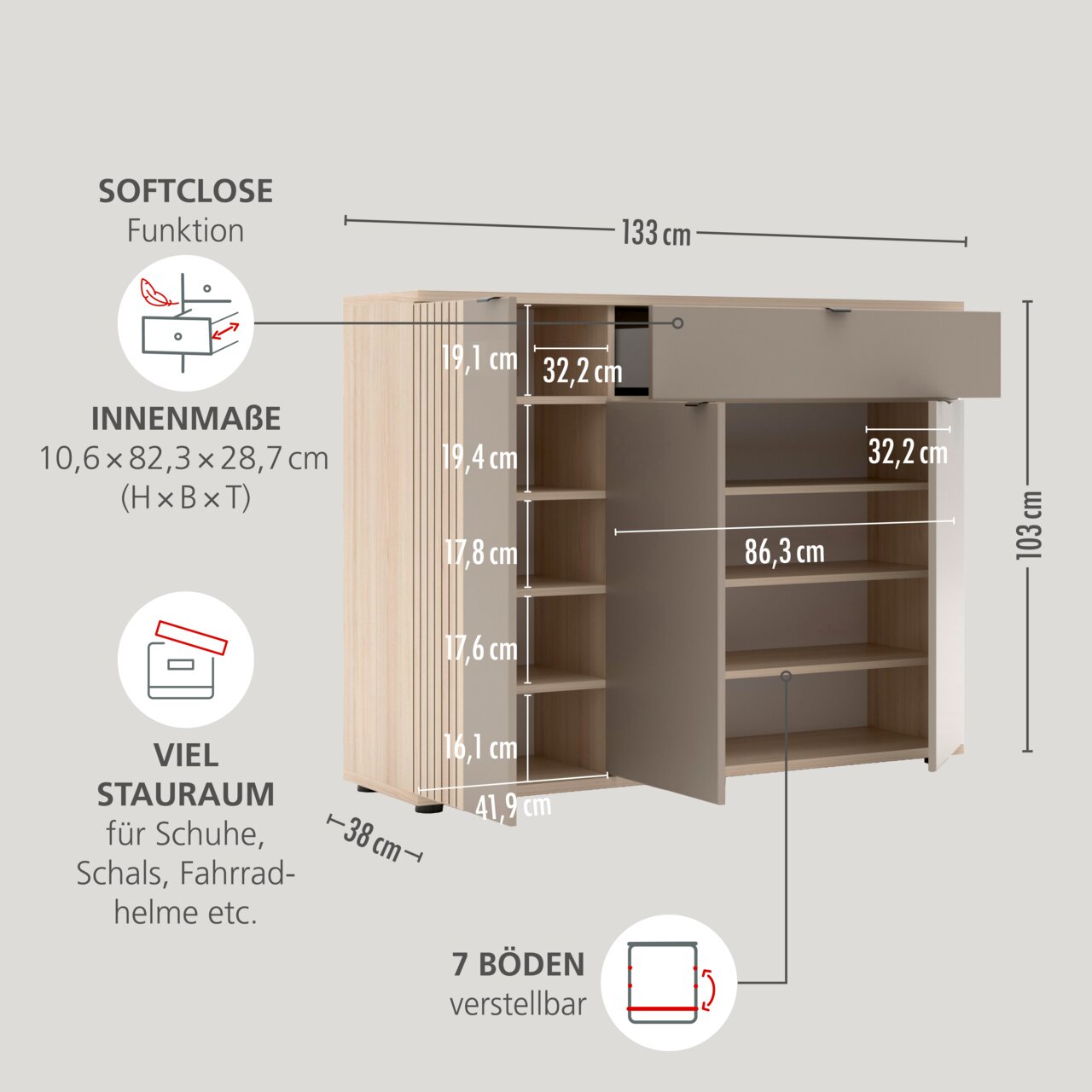 Schuhschrank/Kommode in Holzoptik mit grauen Fronten und Softclose-Funktion, Türen und Schublade geöffnet, Maßgrafik mit Abmessungen (ca. 133 × 103 × 38 cm) und 7 verstellbaren Böden, Perspektive: frontale leicht schräge Ansicht von links.