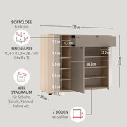 Schuhschrank/Kommode in Holzoptik mit grauen Fronten und Softclose-Funktion, Türen und Schublade geöffnet, Maßgrafik mit Abmessungen (ca. 133 × 103 × 38 cm) und 7 verstellbaren Böden, Perspektive: frontale leicht schräge Ansicht von links.