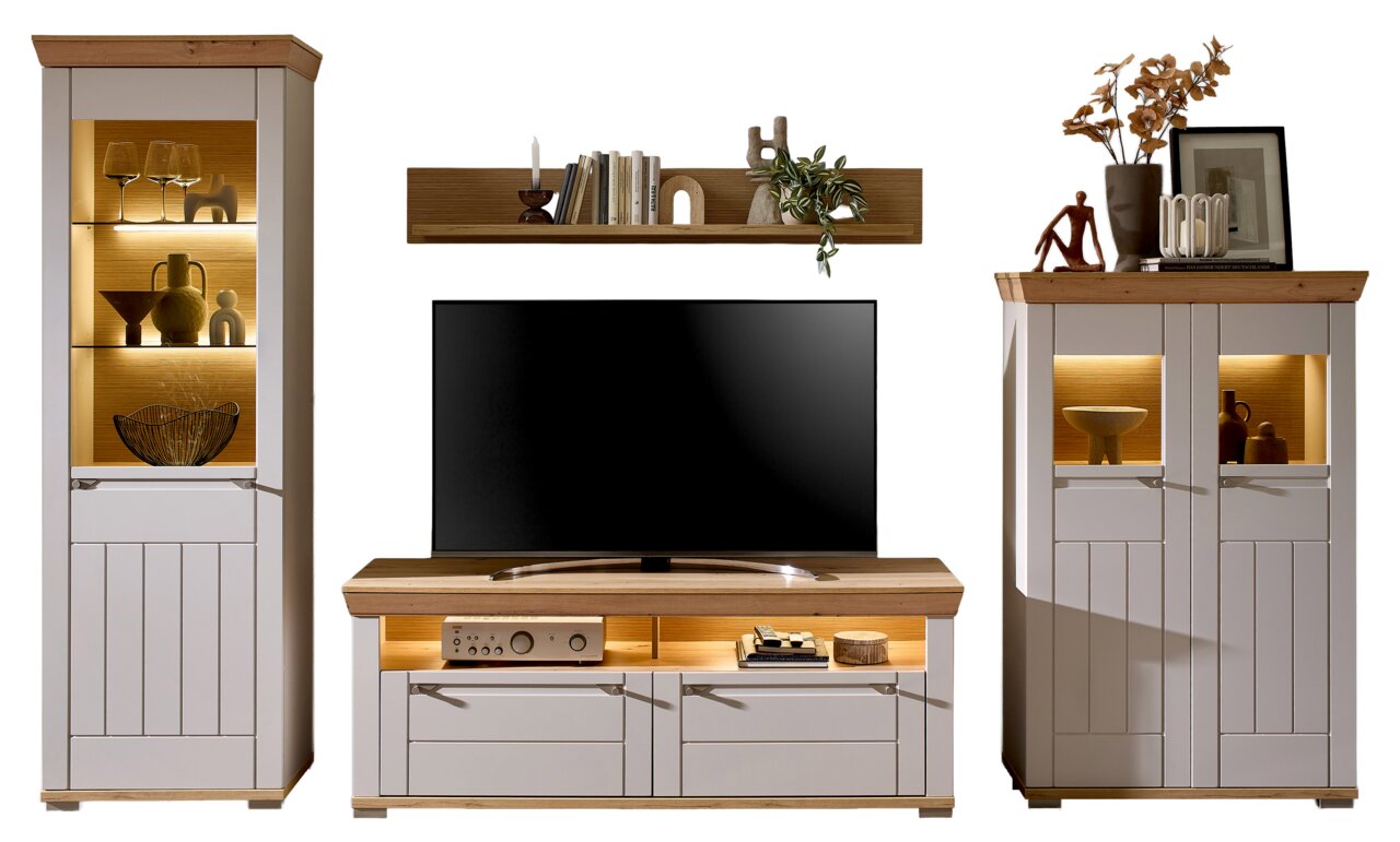 Landscape Wandkombination COLMAR Moderne Wandkombination mit TV-Schrank, zwei Vitrinen und einem Wandregal, frontal betrachtet.