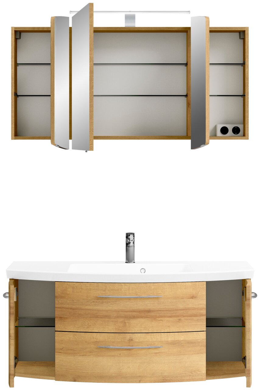 Pelipal Badkombination CASSCA SPRINT Badezimmerschrank-Kombination aus Holz mit Spiegeln und Waschbecken, Frontansicht