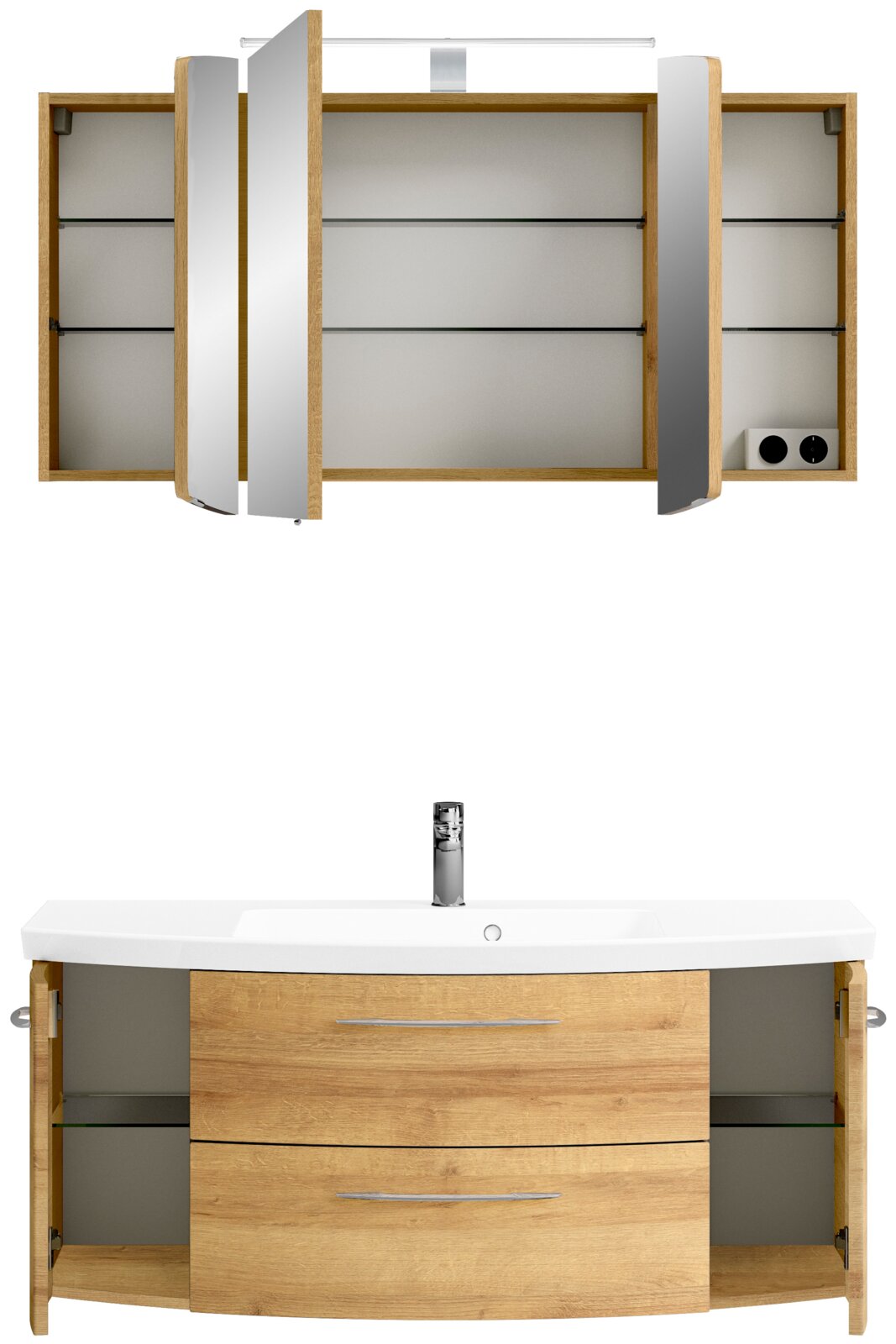Pelipal Badkombination CASSCA SPRINT Badezimmerschrank-Kombination aus Holz mit Spiegeln und Waschbecken, Frontansicht