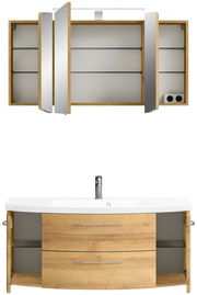 Badezimmerschrank-Kombination aus Holz mit Spiegeln und Waschbecken, Frontansicht