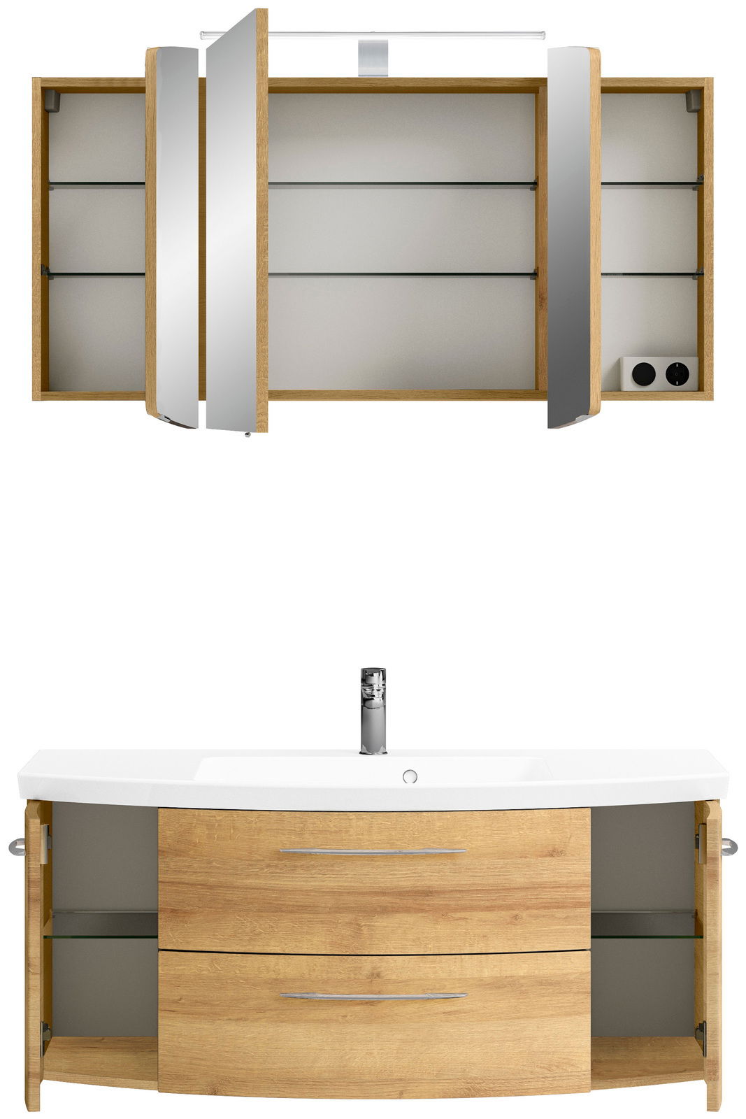 Badezimmerschrank-Kombination aus Holz mit Spiegeln und Waschbecken, Frontansicht