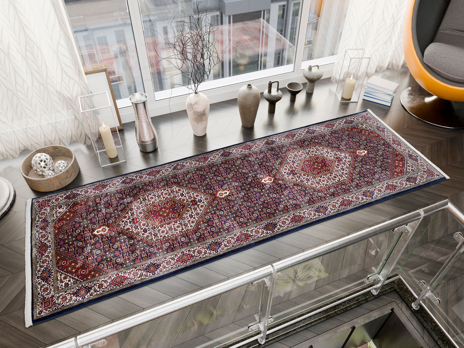 Orientteppich in einem modernen Wohnzimmer, von oben betrachtet, mit geometrischen Mustern und roten, blauen und weißen Farben.