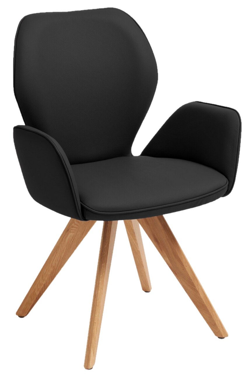Moderne zwarte fauteuil met houten poten, zijaanzicht