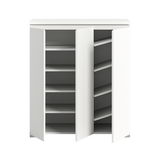 Weißer Schuhschrank mit offenen Türen, frontal betrachtet, zeigt mehrere Regalböden für Schuhe.