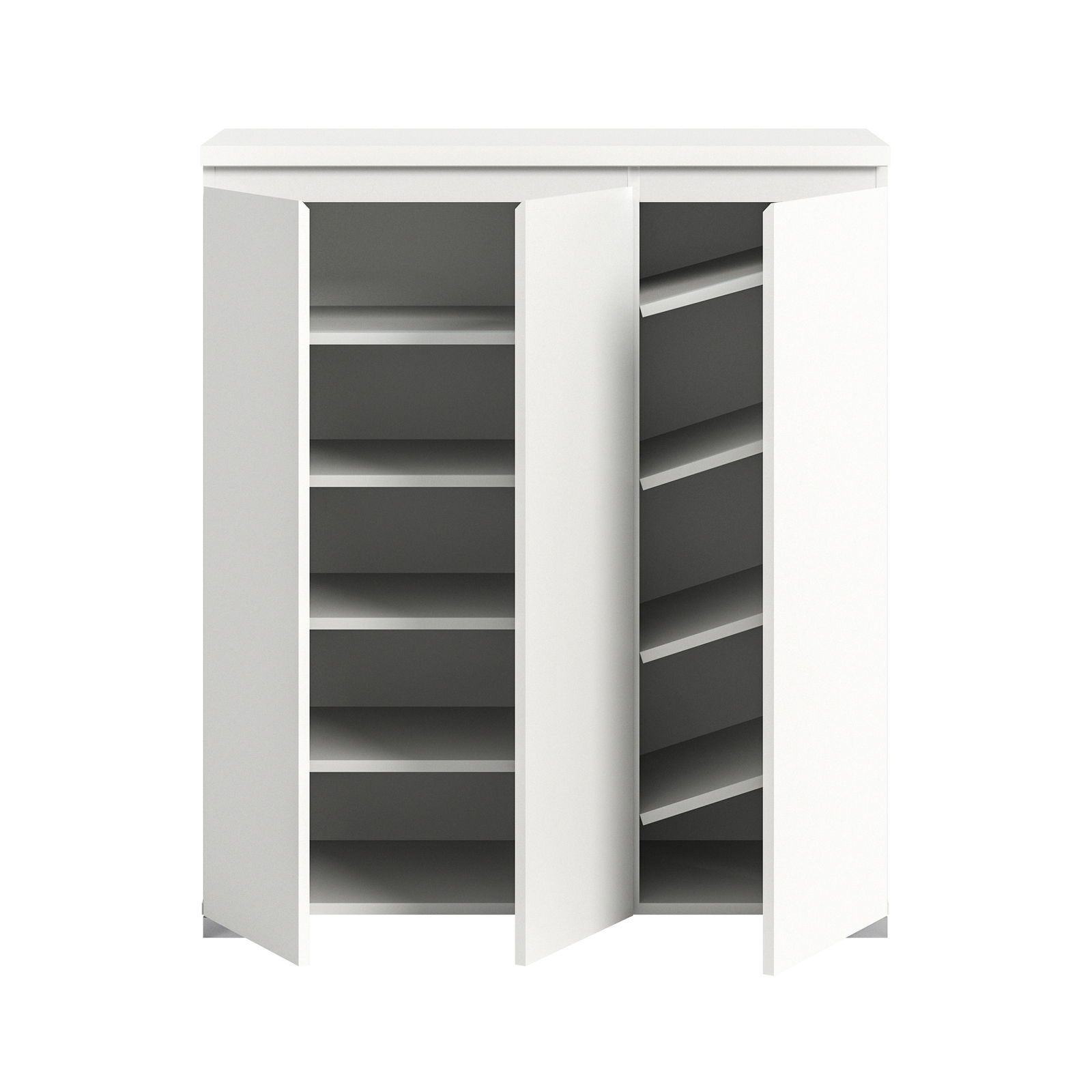 Weißer Schuhschrank mit offenen Türen, frontal betrachtet, zeigt mehrere Regalböden für Schuhe.