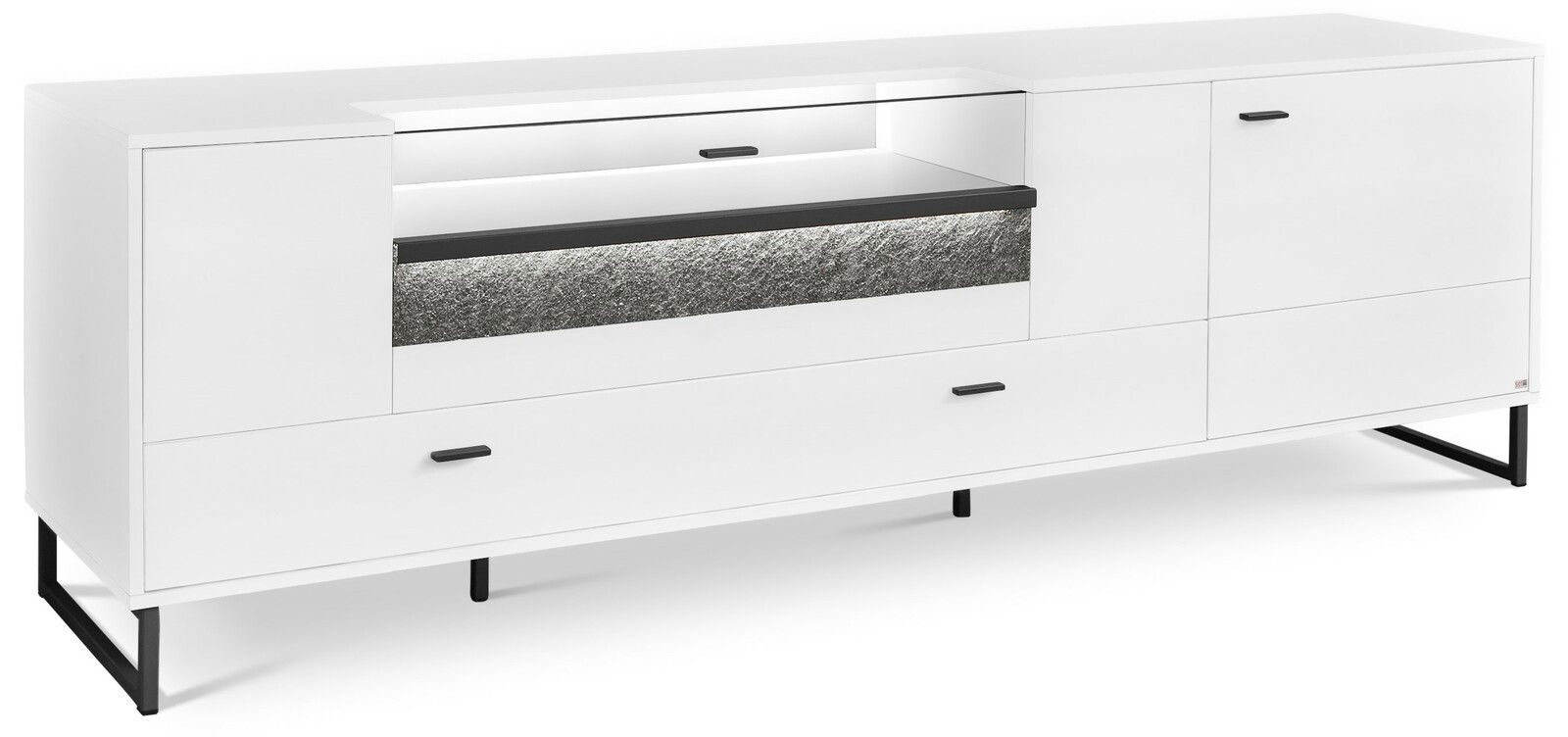 Weißes TV-Lowboard mit modernem Design, zwei Türen und einer Schublade, seitliche Perspektive