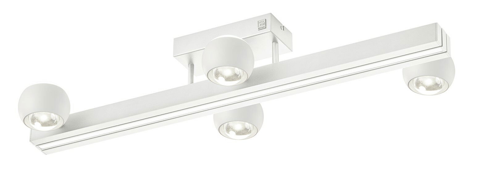 Moderne weiße Deckenleuchte mit vier runden Strahlern, seitliche Perspektive