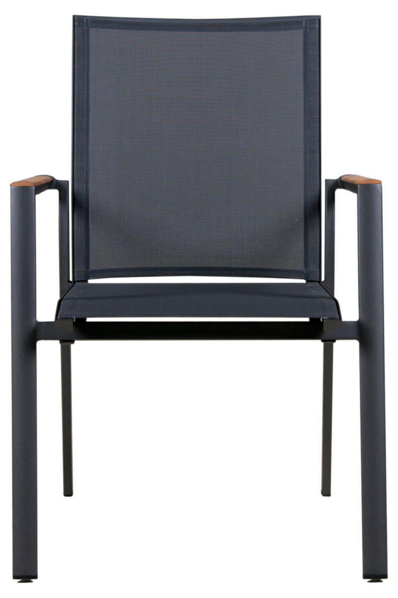 Moderner Stapelsessel aus Metall mit schwarzem Netzgewebe, Frontalansicht