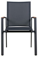 Moderner Stapelsessel aus Metall mit schwarzem Netzgewebe, Frontalansicht