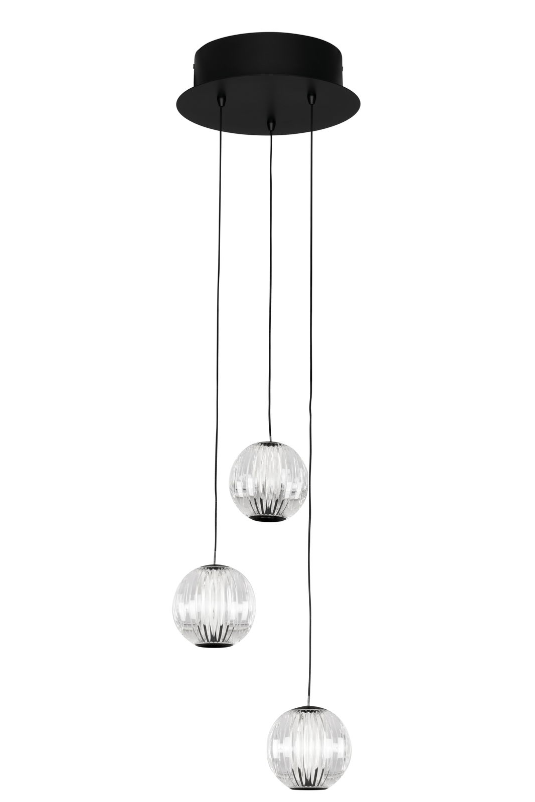 Moderne LED-Hängeleuchte mit drei kugelförmigen, transparenten Lampenschirmen, aufgehängt an einem runden, schwarzen Deckenbaldachin. Perspektive von unten.
