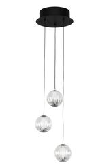 Moderne LED-Hängeleuchte mit drei kugelförmigen, transparenten Lampenschirmen, aufgehängt an einem runden, schwarzen Deckenbaldachin. Perspektive von unten.