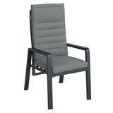 Gartenrelaxsessel mit grauem Polster und schwarzem Metallrahmen, seitliche Perspektive