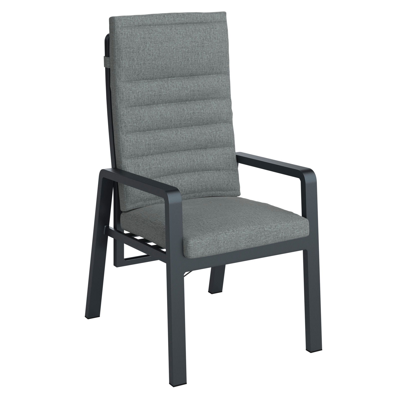 Gartenrelaxsessel mit grauem Polster und schwarzem Metallrahmen, seitliche Perspektive