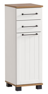 Weißer Unterschrank mit zwei Schubladen und einer Tür, Holzoberfläche, schwarze Griffe, seitliche Perspektive