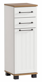 Weißer Unterschrank mit zwei Schubladen und einer Tür, Holzoberfläche, schwarze Griffe, seitliche Perspektive