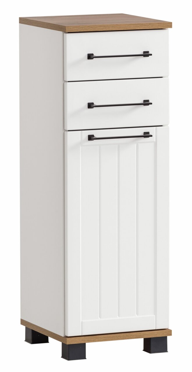 Weißer Unterschrank mit zwei Schubladen und einer Tür, Holzoberfläche, schwarze Griffe, seitliche Perspektive