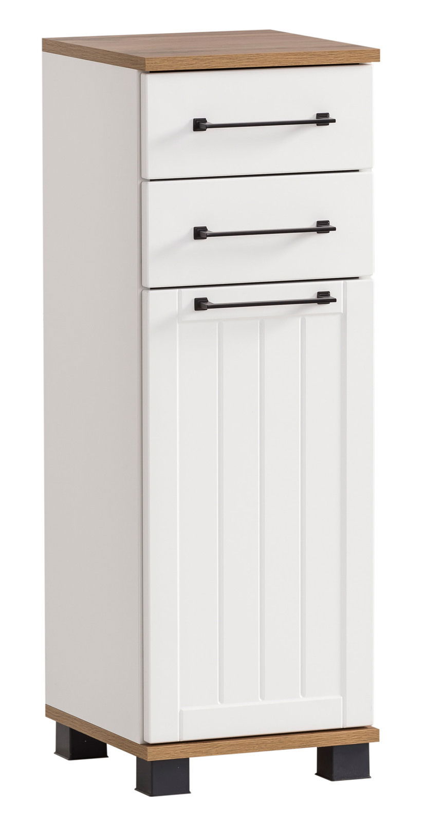 Weißer Unterschrank mit zwei Schubladen und einer Tür, Holzoberfläche, schwarze Griffe, seitliche Perspektive