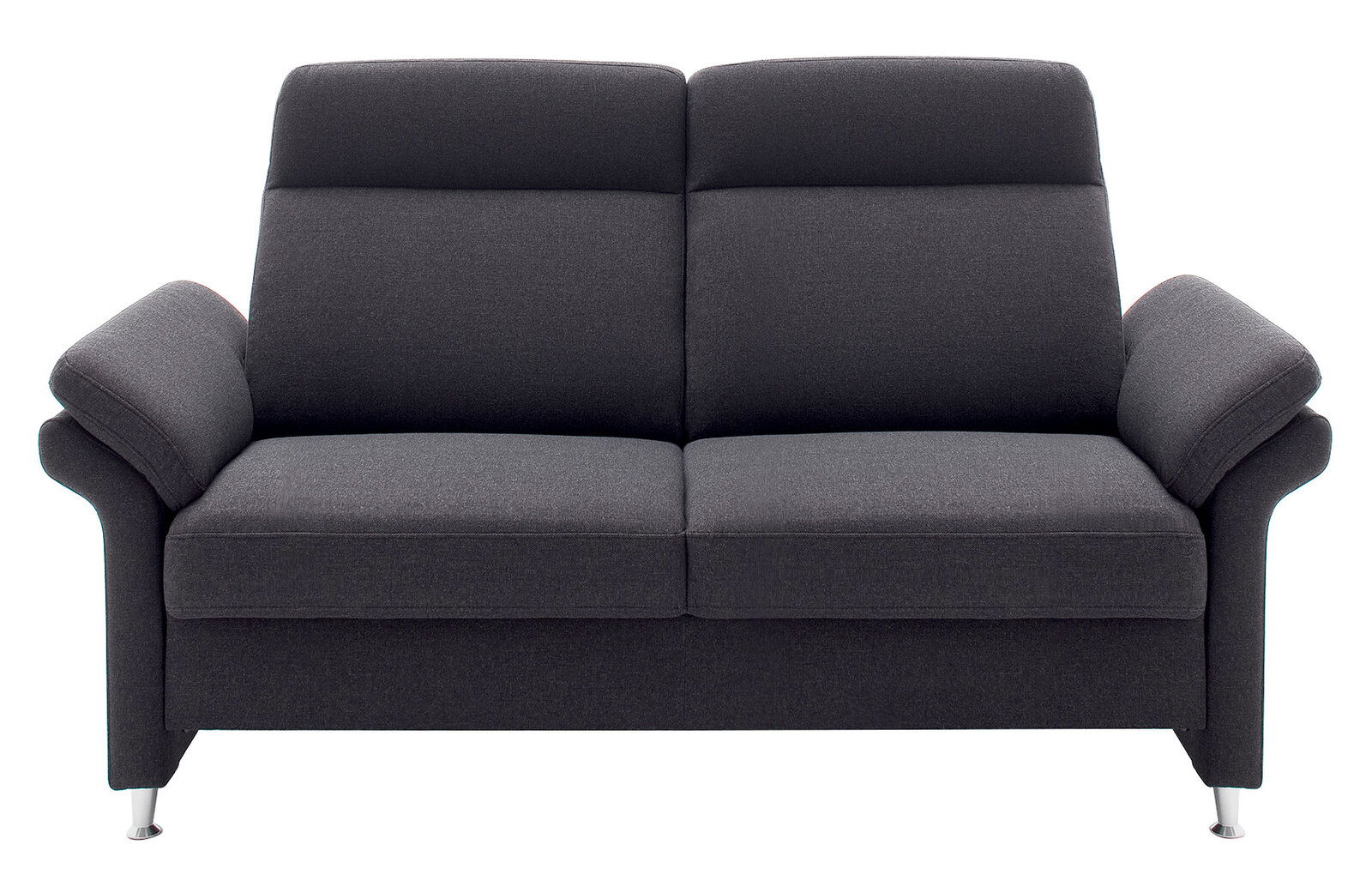 Frontale Ansicht eines modernen, dunkelgrauen 3-Sitzer Sofas mit gepolsterten Armlehnen und Metallfüßen.