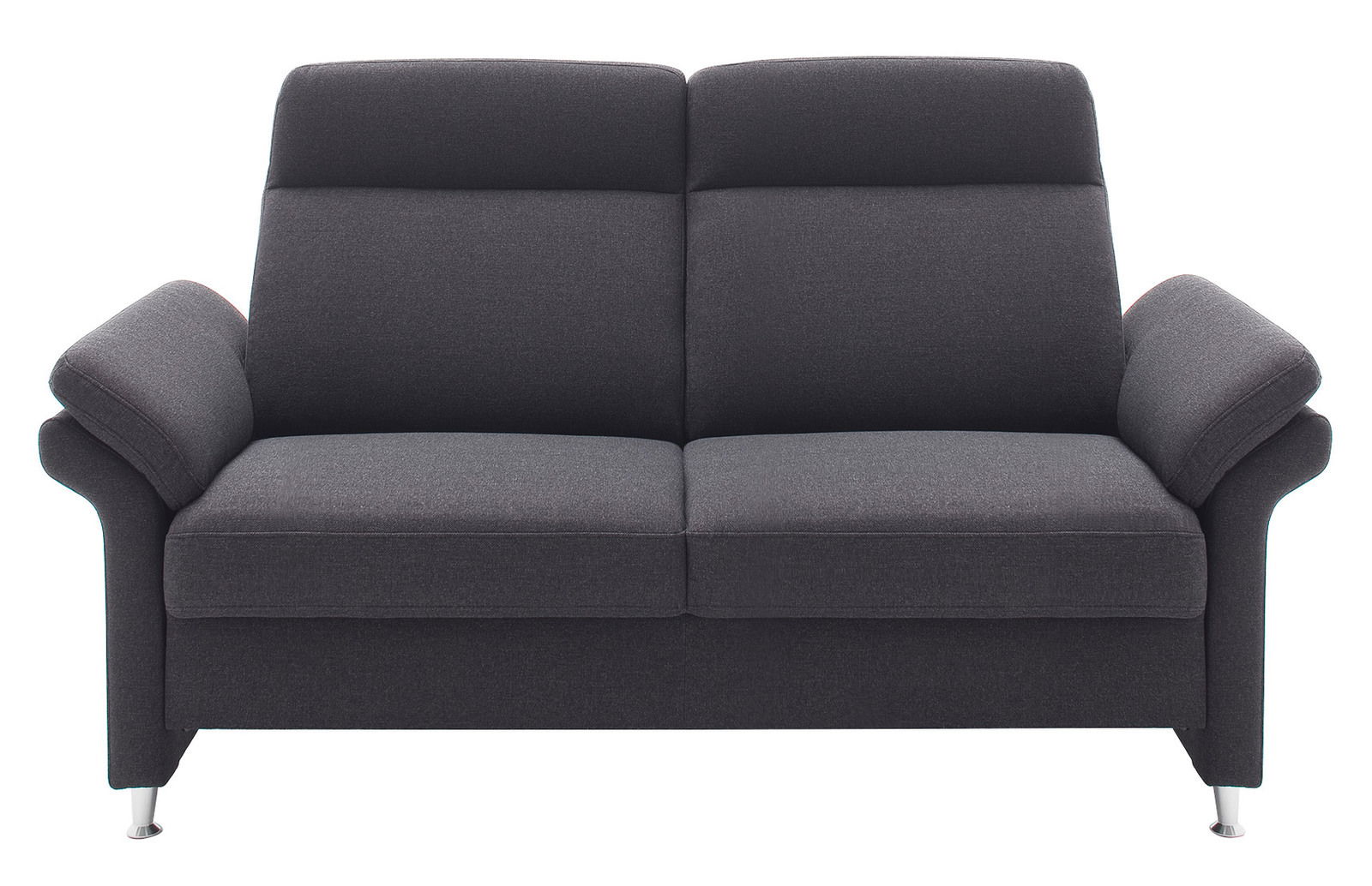 Frontale Ansicht eines modernen, dunkelgrauen 3-Sitzer Sofas mit gepolsterten Armlehnen und Metallfüßen.