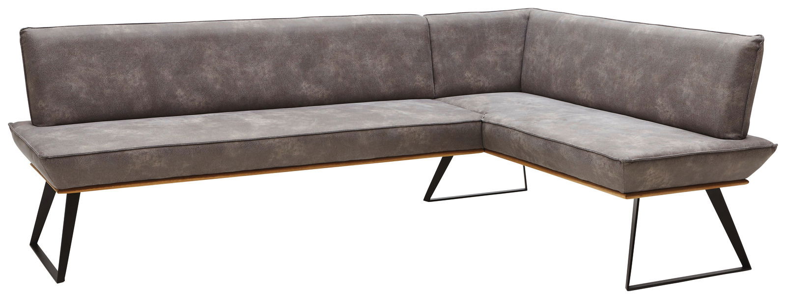 Eckbank in L-Form, grauer Stoffbezug, moderne Metallbeine, Perspektive von vorne links