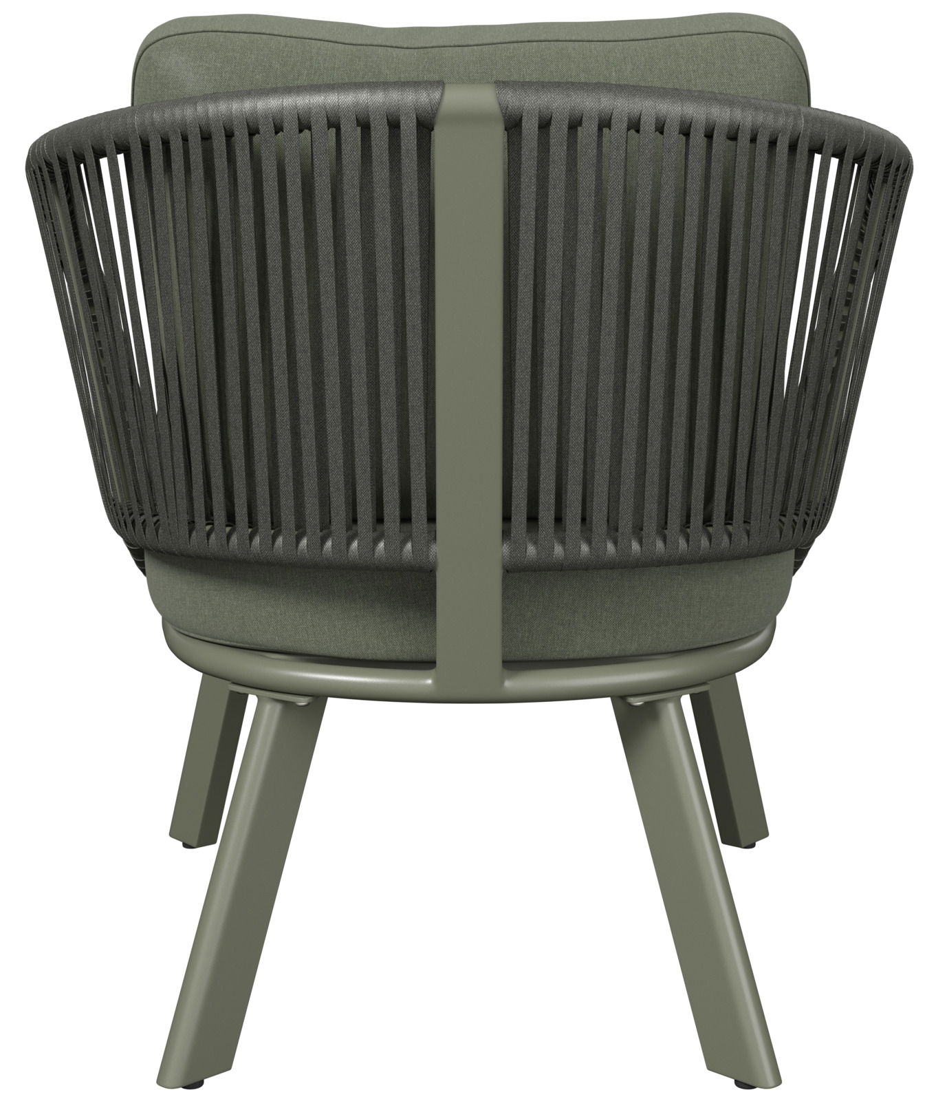 Rückansicht eines modernen Loungesessels mit grüner Polsterung und stilvollem, geflochtenem Design.