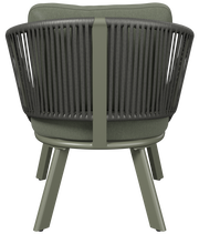 Rückansicht eines modernen Loungesessels mit grüner Polsterung und stilvollem, geflochtenem Design.