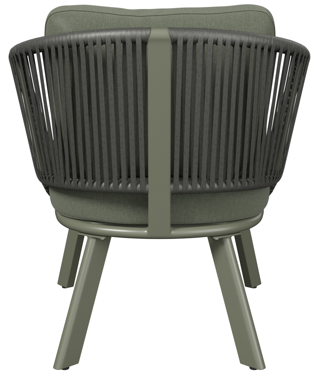 Rückansicht eines modernen Loungesessels mit grüner Polsterung und stilvollem, geflochtenem Design.