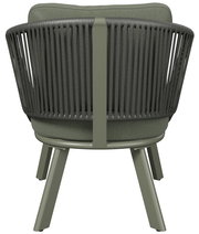 Rückansicht eines modernen Loungesessels mit grüner Polsterung und stilvollem, geflochtenem Design.