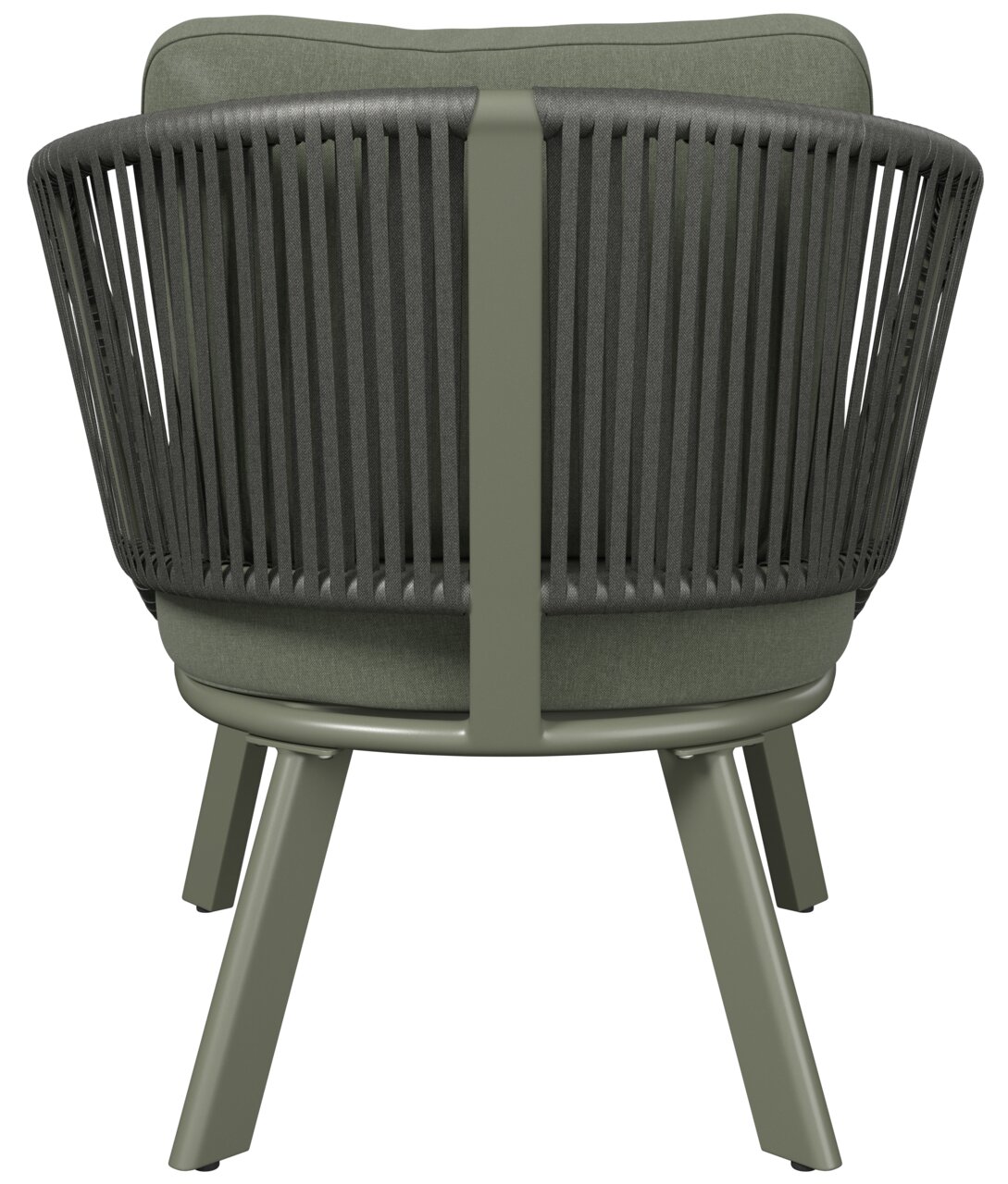 Rückansicht eines modernen Loungesessels mit grüner Polsterung und stilvollem, geflochtenem Design.