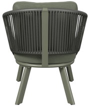 Rückansicht eines modernen Loungesessels mit grüner Polsterung und stilvollem, geflochtenem Design.