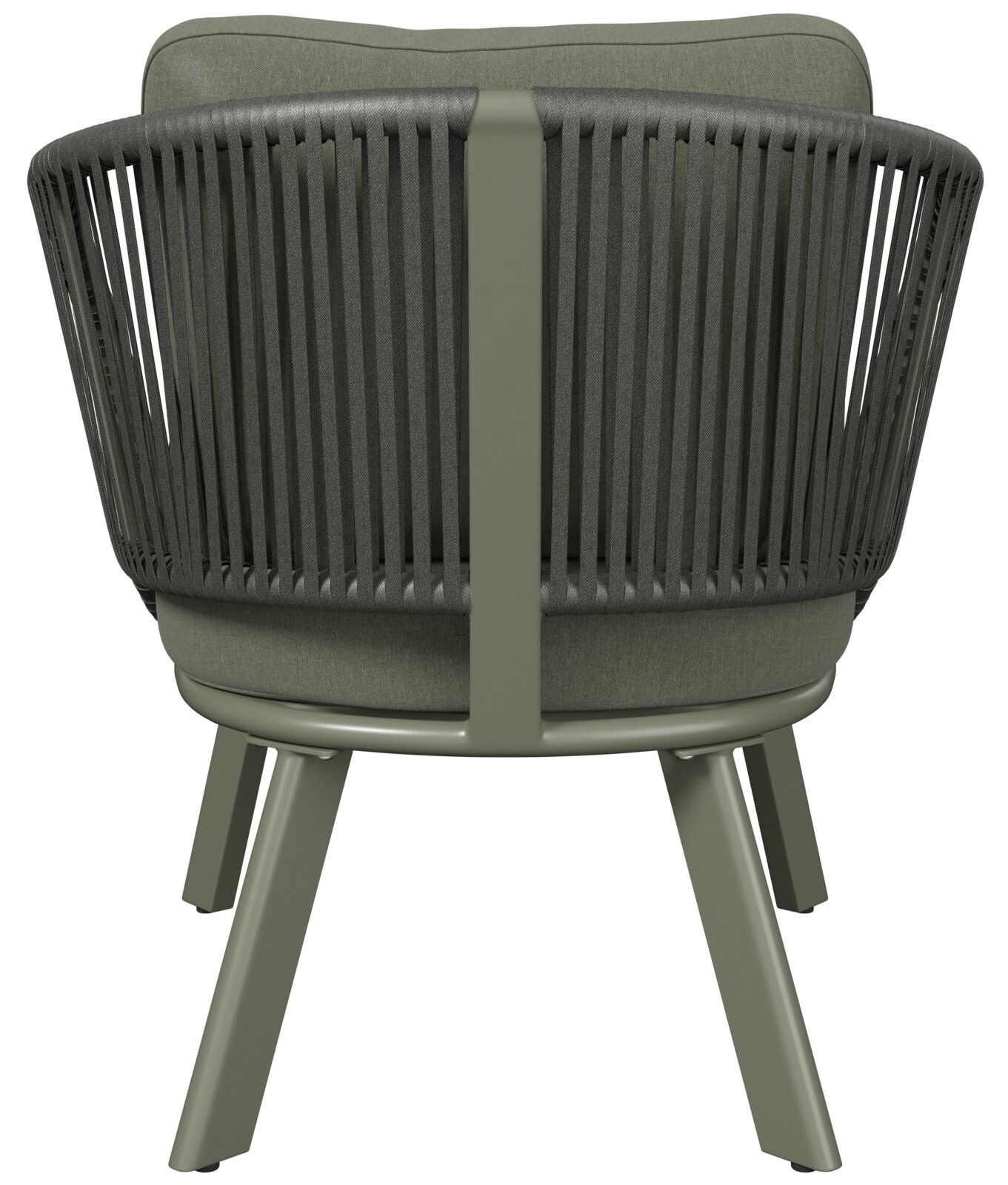 Rückansicht eines modernen Loungesessels mit grüner Polsterung und stilvollem, geflochtenem Design.