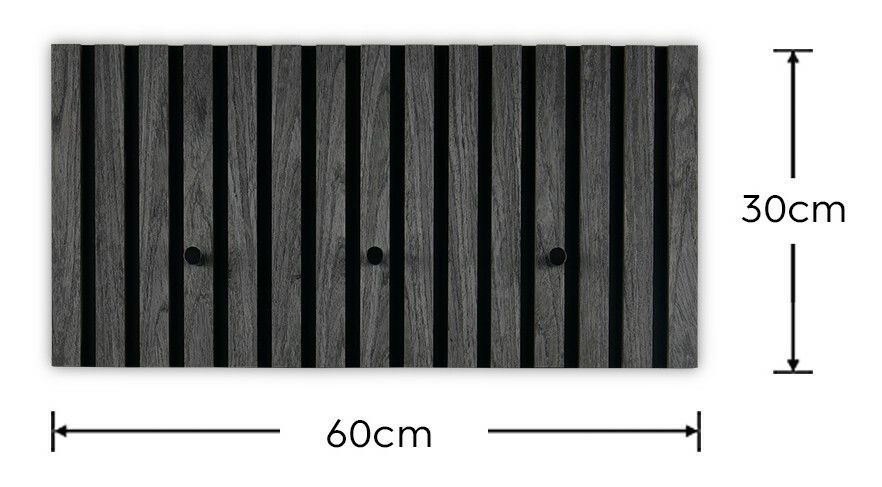 Vorderansicht der XORA Garderobenleiste GRACE in dunklem Holzdesign mit vertikalen Streifen, 60 cm breit und 30 cm hoch.