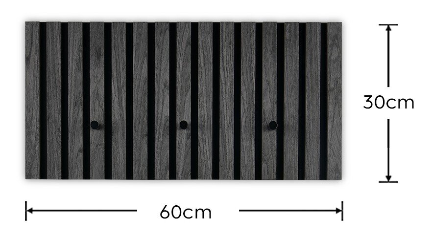 Vorderansicht der XORA Garderobenleiste GRACE in dunklem Holzdesign mit vertikalen Streifen, 60 cm breit und 30 cm hoch.