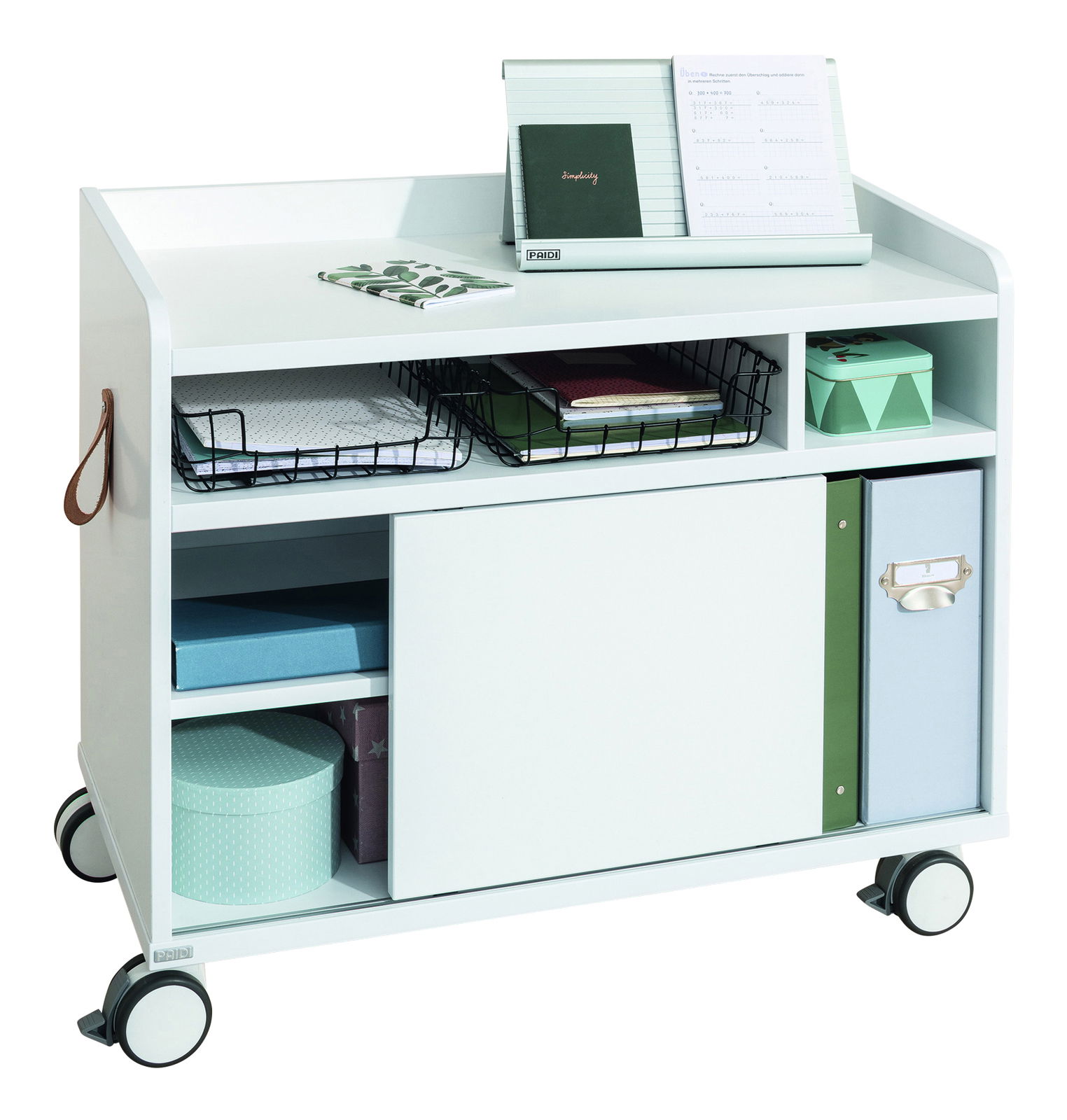 Weißer Caddy Container mit mehreren Fächern und Rollen, seitliche Perspektive