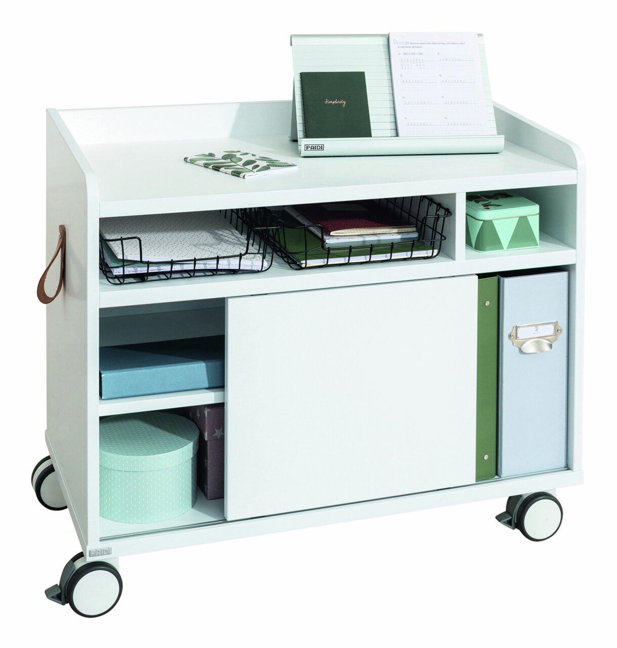 Paidi Caddy Container E-LION Weißer Caddy Container mit mehreren Fächern und Rollen, seitliche Perspektive