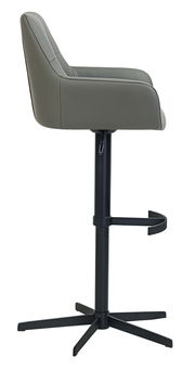 Seitenansicht eines modernen Barhockers mit grauem Sitz und schwarzem Metallgestell