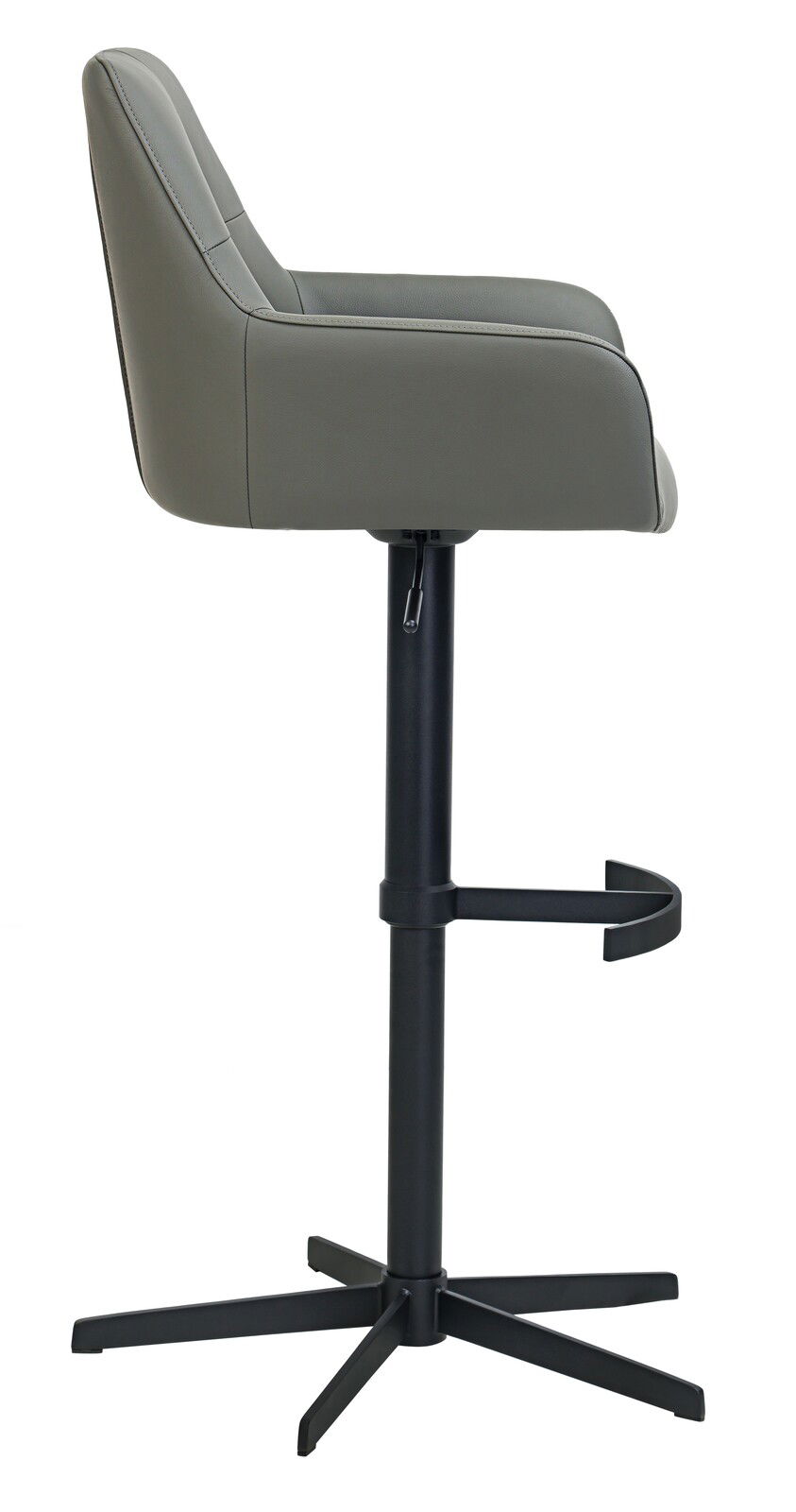 Seitenansicht eines modernen Barhockers mit grauem Sitz und schwarzem Metallgestell