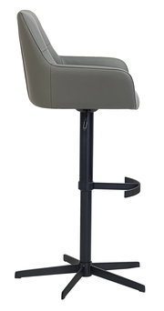 Seitenansicht eines modernen Barhockers mit grauem Sitz und schwarzem Metallgestell