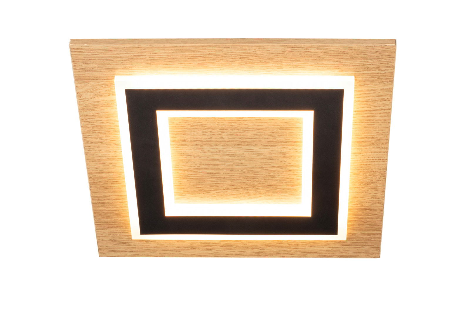 Moderne LED-Deckenleuchte in quadratischer Form mit Holzoptik und schwarzem Akzent, von unten betrachtet.