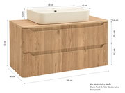 Badezimmer-Waschtischunterschrank in Holzoptik mit zwei Schubladen und weißem Aufsatzwaschbecken (ca. 101 x 46 x 53 cm), gezeigt in schräger Frontansicht mit eingezeichneten Maßen.