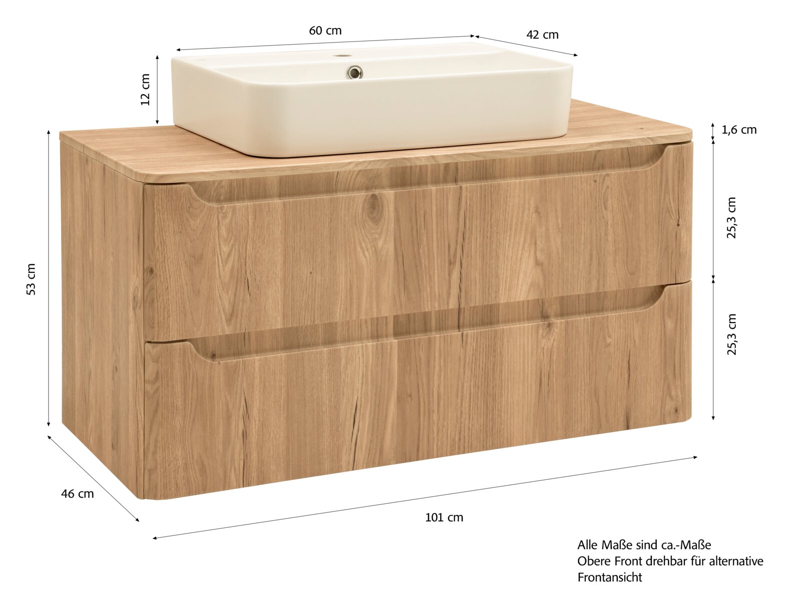 Badezimmer-Waschtischunterschrank in Holzoptik mit zwei Schubladen und weißem Aufsatzwaschbecken (ca. 101 x 46 x 53 cm), gezeigt in schräger Frontansicht mit eingezeichneten Maßen.