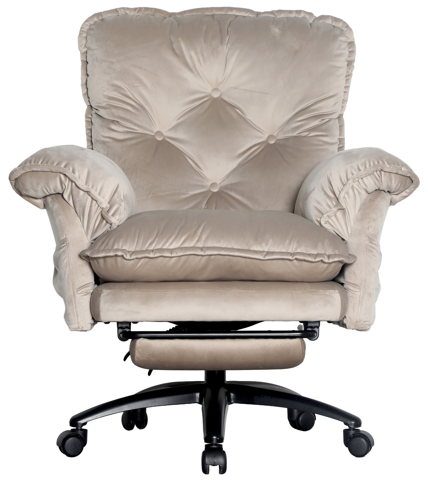 Bequemer Chefsessel in Frontalansicht mit weichem, gepolstertem Stoff und verstellbarem Fußteil auf Rollen.