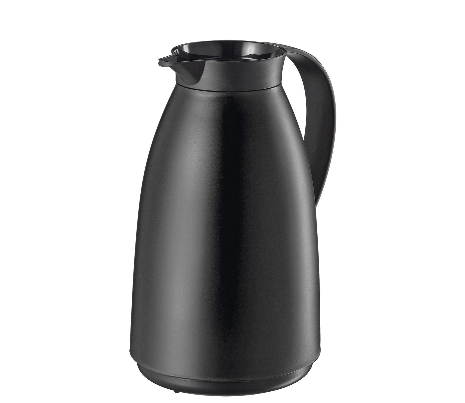 Schwarze, matte Isolierkanne mit einem Liter Fassungsvermögen, seitliche Perspektive