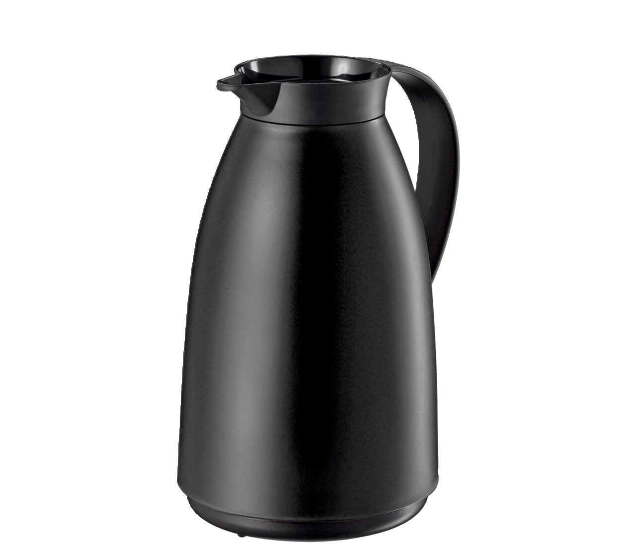 Schwarze, matte Isolierkanne mit einem Liter Fassungsvermögen, seitliche Perspektive