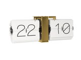 Flip-Uhr ohne Gehäuse, weiße Karten mit schwarzer Schrift, goldene Halterung, seitliche Perspektive