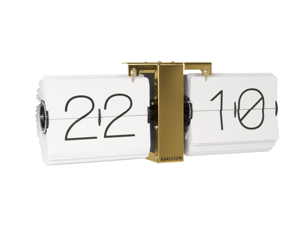 Flip-klok zonder behuizing, witte kaarten met zwarte letters, gouden houder, zijaanzicht